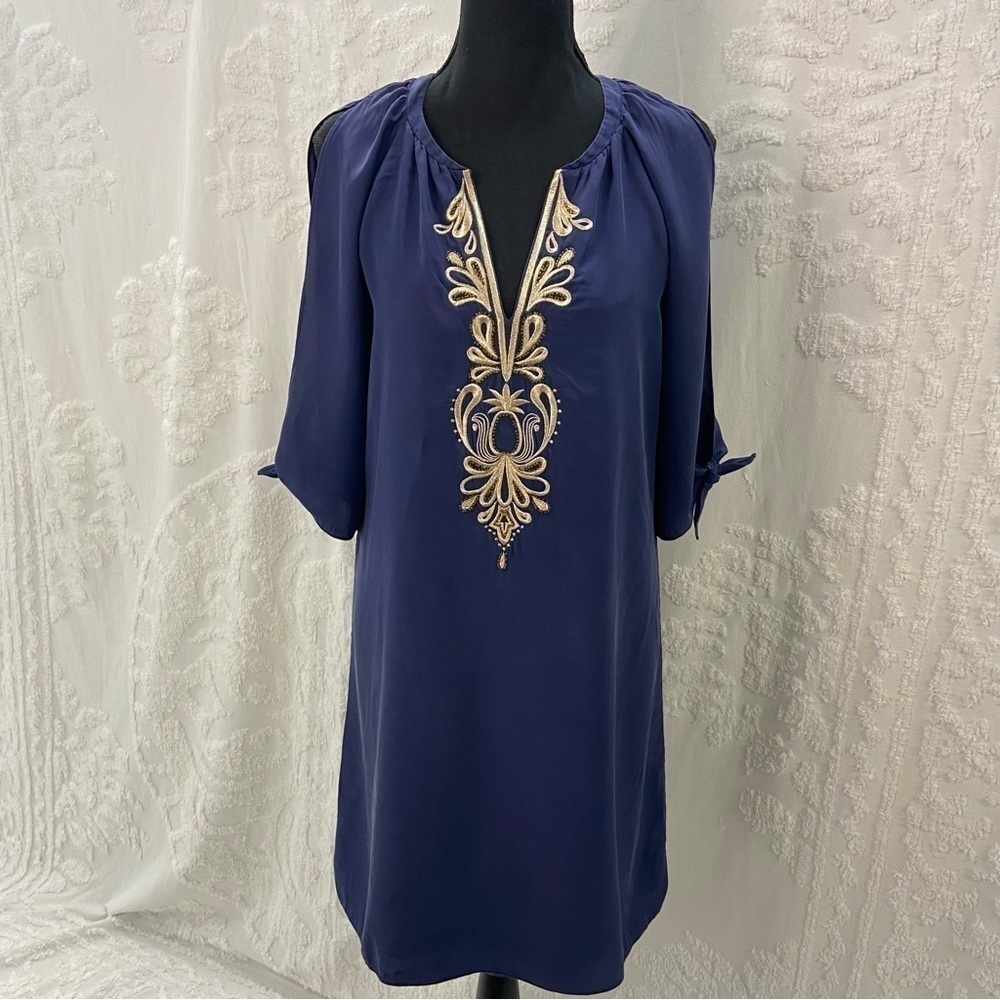LILLY PULITZER Women’s Shift Dress Blue Gold Sz S Flirty Summer Spring Beach
